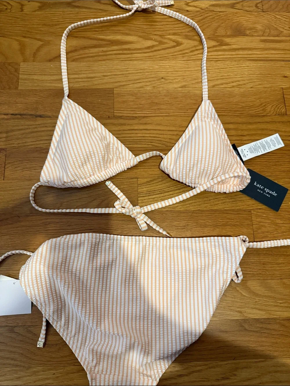 kate spade Peach and White Striped Tie Bikini set- medium with tags